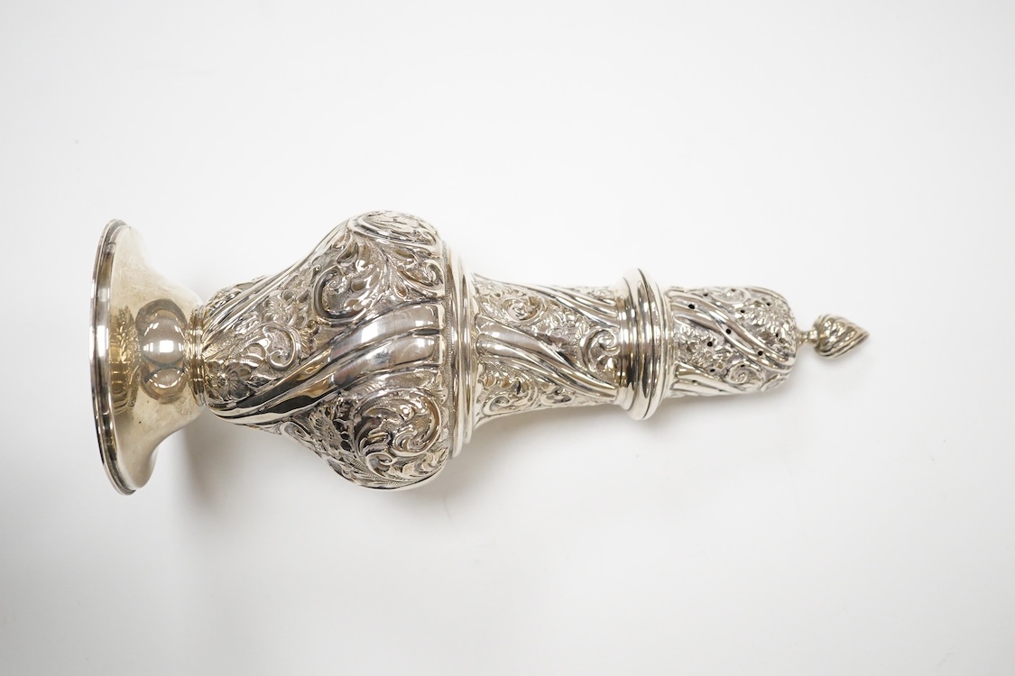 An Edwardian repousse silver sugar caster, by William Aitken, Birmingham, 1902, height 22.2cm, 5.8oz.
